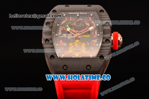 Richard Mille Jean Todt Limited Edition RM 036 Asia Seagull SH Automatic Carbon Fiber Case with Skelton Dial Arabic Numeral Markers and Red Rubber Strap - Click Image to Close